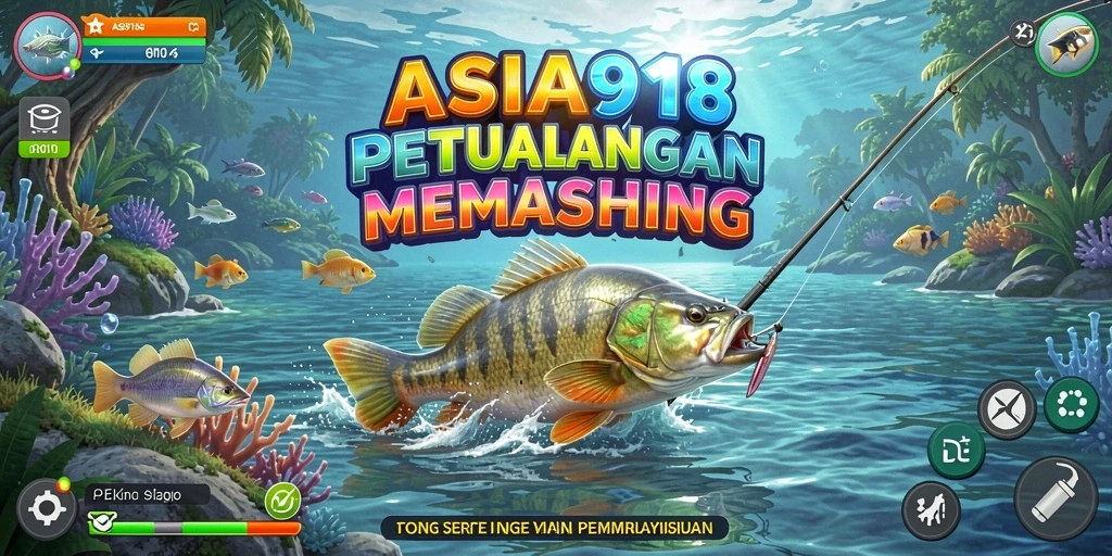 Screenshot menunjukkan pemain menangkap ikan besar di pemandangan laut yang indah.