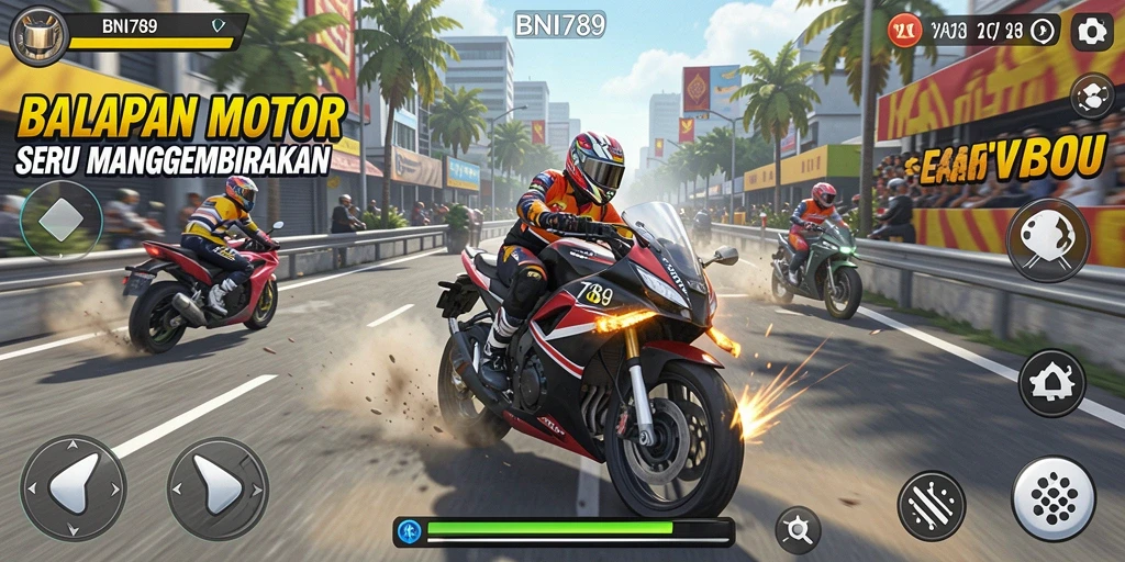 Screenshot BNI789 menampilkan balapan motor yang mendebarkan dan adrenalin tinggi.