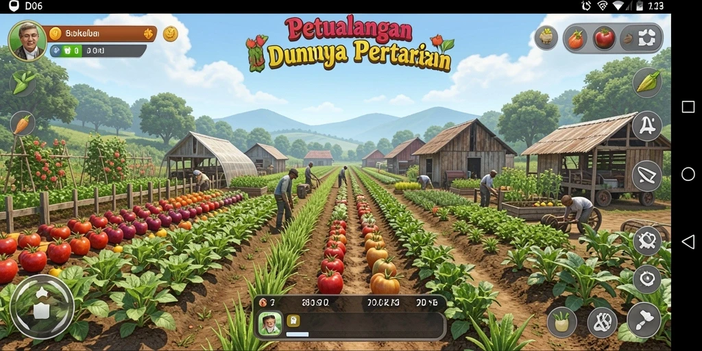 Tampilan screenshot gameplay D06 menampilkan ladang subur dengan berbagai tanaman.