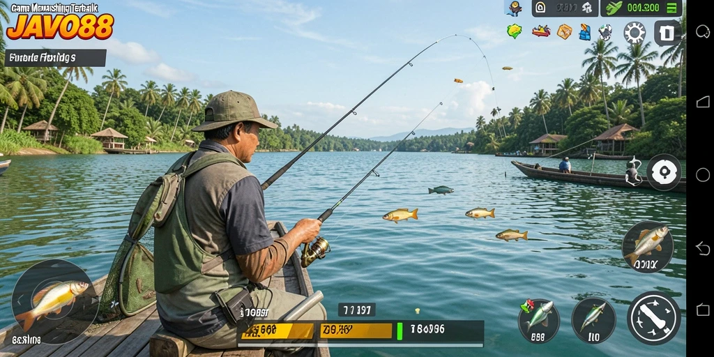 Tampilan menarik gameplay <strong>JAVO88</strong> saat menangkap ikan di lokasi yang indah.