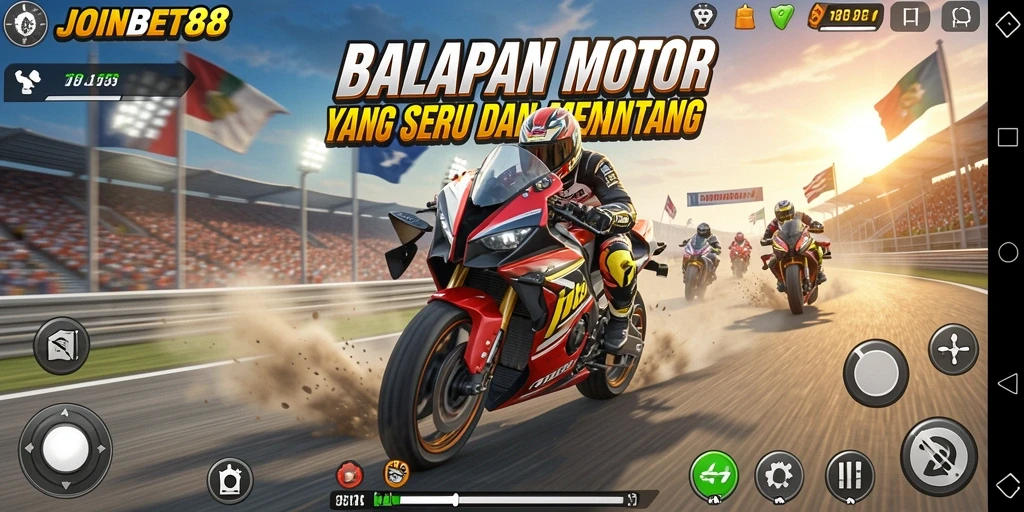 Tangkapan layar dari JOINBET88 menampilkan aksi balapan motor yang mendebarkan.