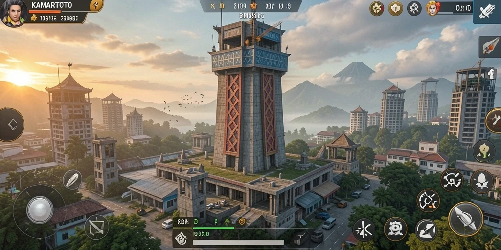 Tampilan gameplay menegangkan KAMARTOTO dengan menara dan musuh.