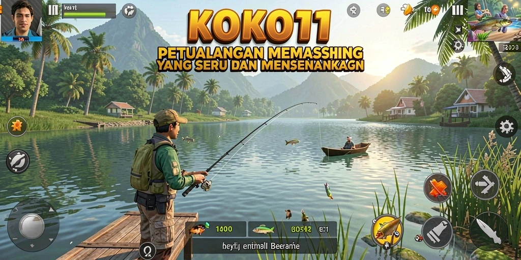 Screenshot gameplay KOKO11 menunjukkan aksi memancing yang seru di lautan.