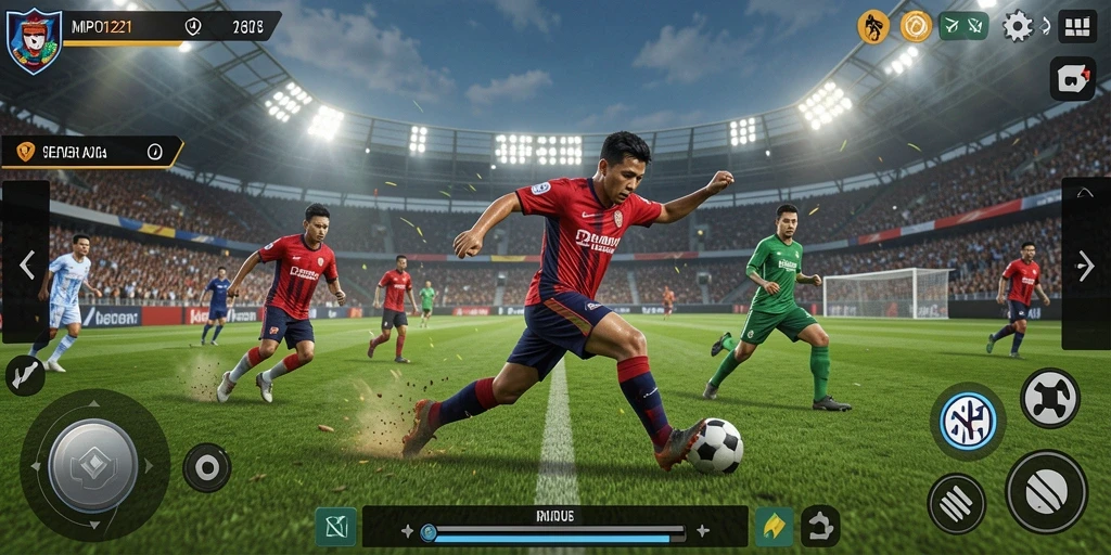 Tangkapan layar gameplay MPO1221 menampilkan aksi sepak bola yang mendebarkan.