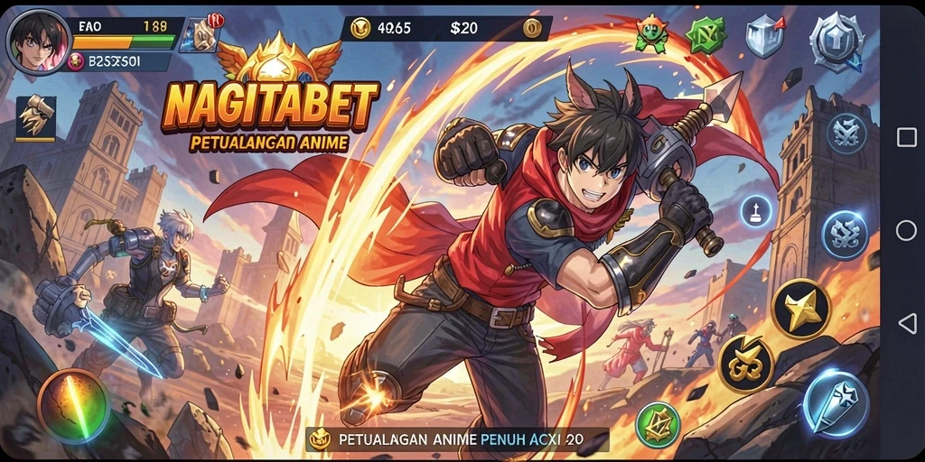 Gameplay NAGITABET menampilkan karakter anime yang beraksi di dunia petualangan.