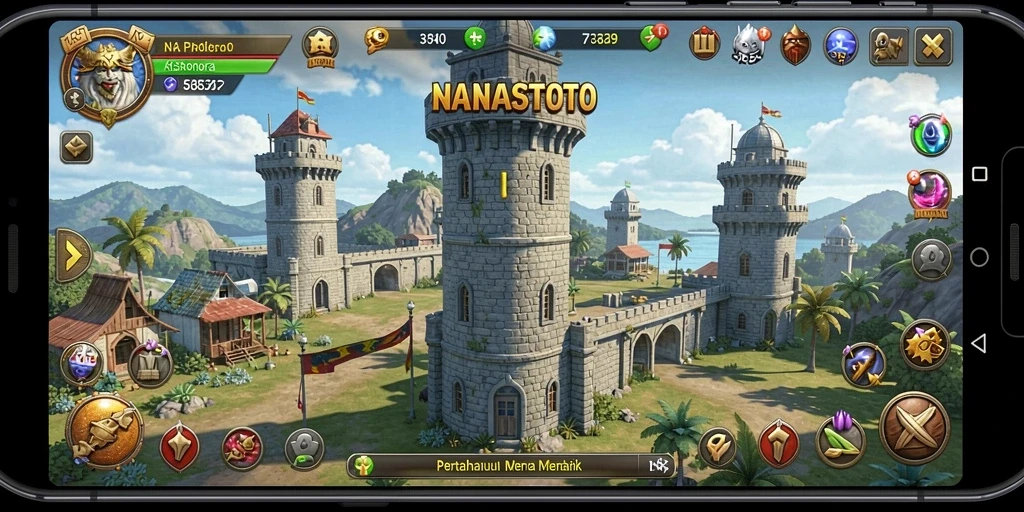 Screenshot gameplay NANASTOTO menampilkan serangan menara di medan tempur.
