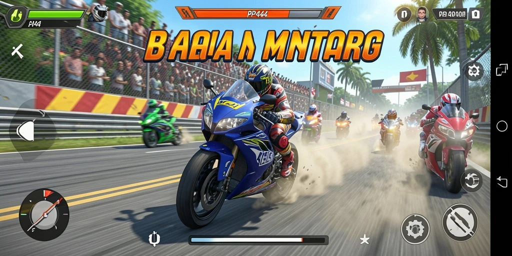 Screenshot gameplay PP444 menampilkan aksi balapan motor yang seru.