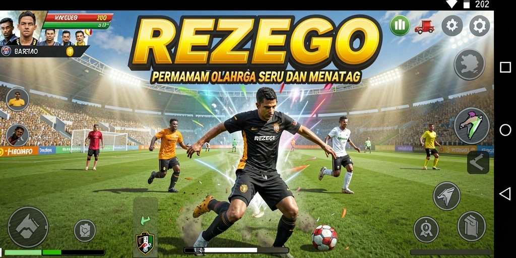Tampilan tangkapan layar gameplay <strong>REZEGO</strong> yang mendebarkan dan penuh aksi olahraga.