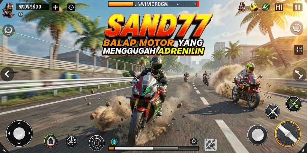 Tangkapan layar gameplay SAND77 menampilkan aksi balap motor yang mendebarkan.
