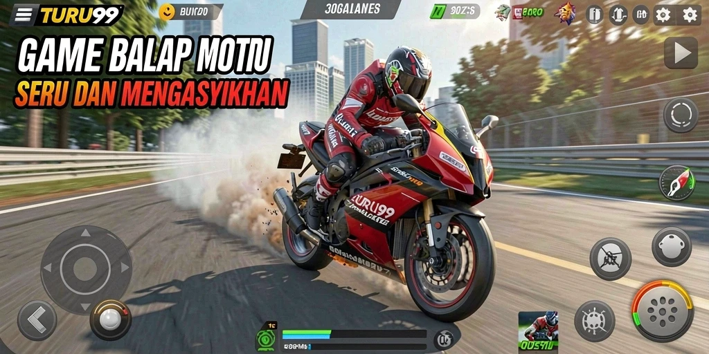 Gameplay seru TURU99 dengan balapan motor cepat dan menantang.